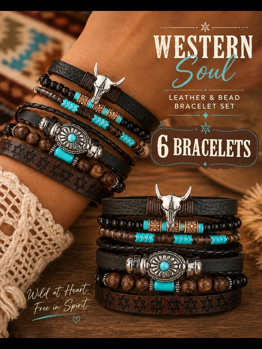 Men’s Turquoise & Black Leather Bracelet Set - 6 Pieces
